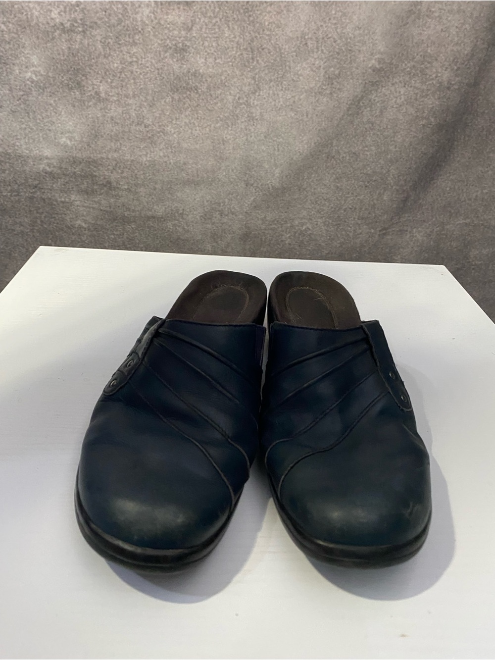 Clarks Collection Leather Mules Clogs Navy Blue Pleated Slip On Comfort Shoes